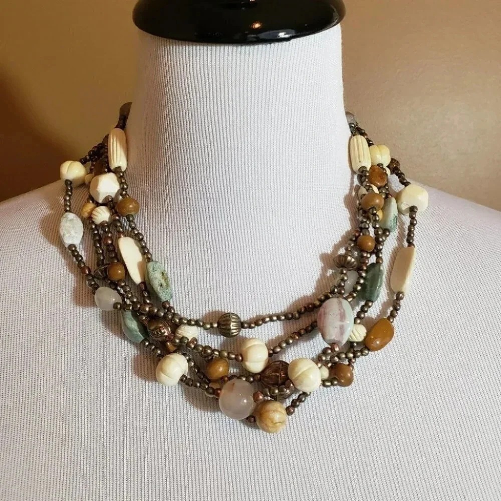 Unbranded Beaded Multi-Strand Necklace OS Brown Cream Boho Mixed Stone‎ Layered
